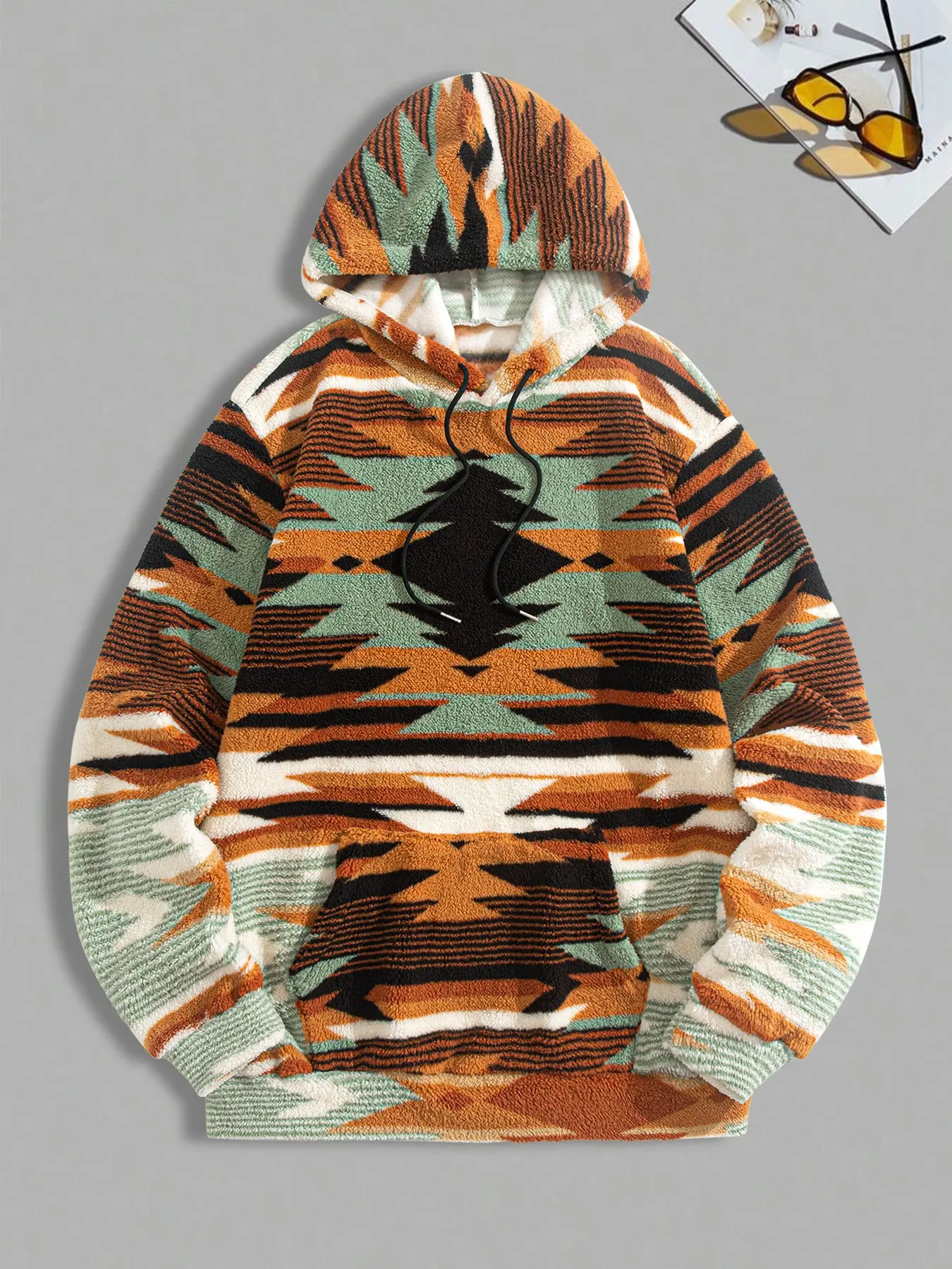 Retro Southwest Navajo Tribal Fuzzy Fleece Hoodie for Men, Geometric Print Drawstring Sweatshirt, Cozy Warm Pullover for Travel Hiking