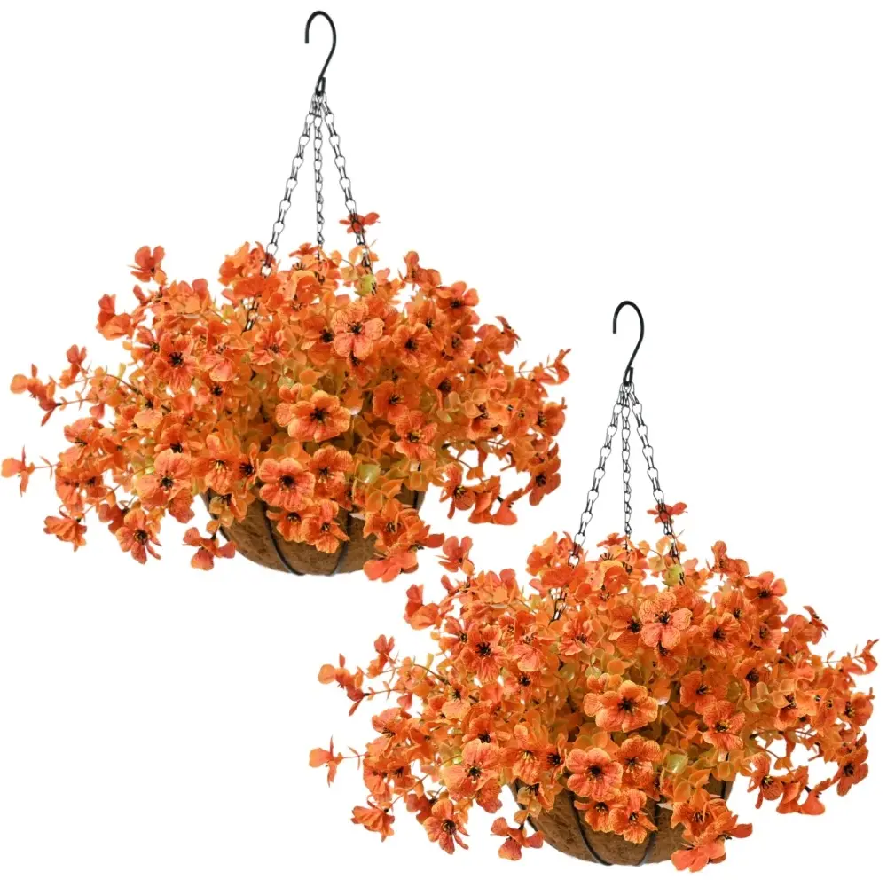 Autumn Hues Decorative Hanging Basket with Faux Daisies, UV Resistant Fall Outdoor Decor for Porch & Patio in Red, Orange and Yellow