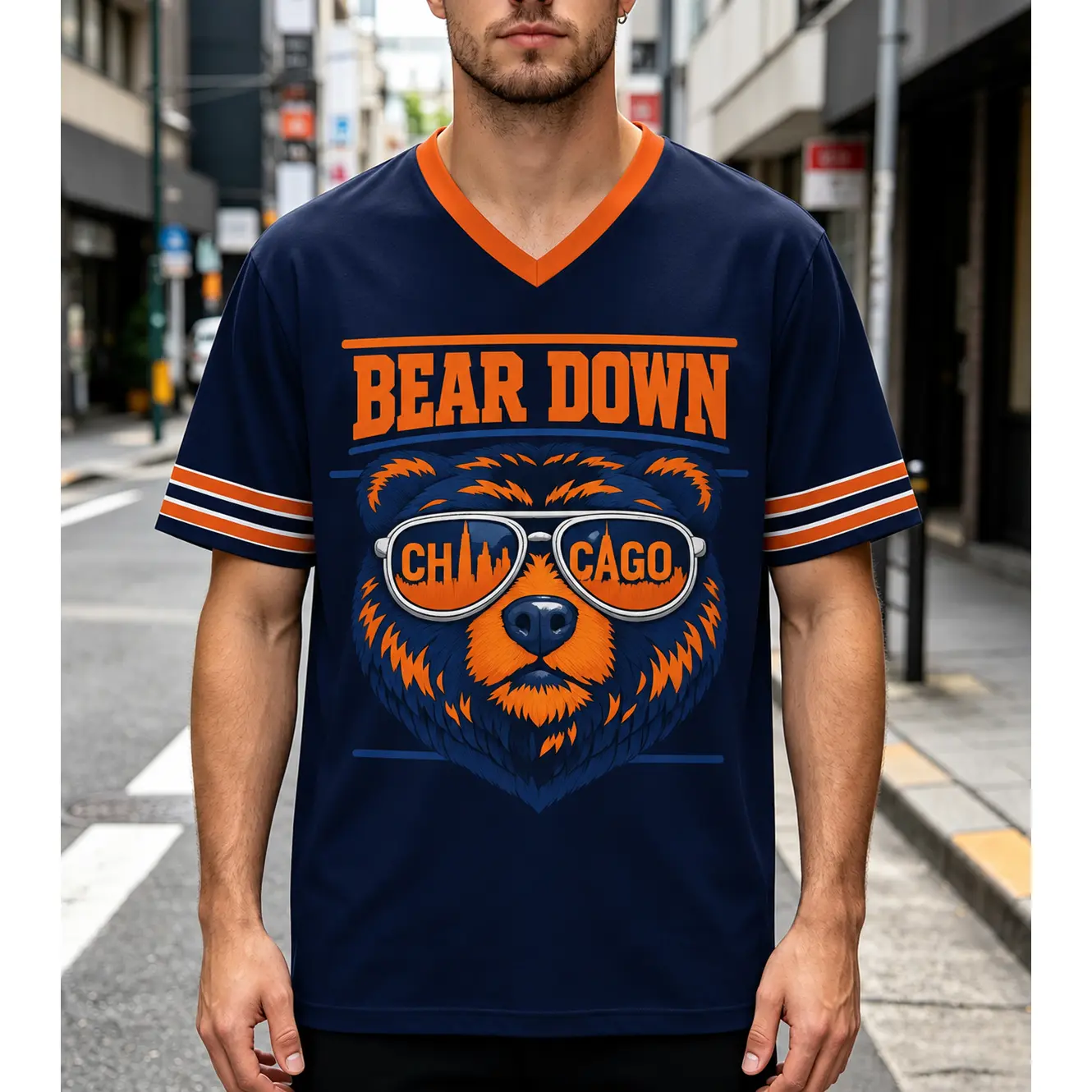 Unisex Football Graphic V-Neck Quick-Drying Jersey Shirt with Dual-Sided Cool Bear & Motivational Slogan Prints, Game Day Short Sleeve Sports Daily Top