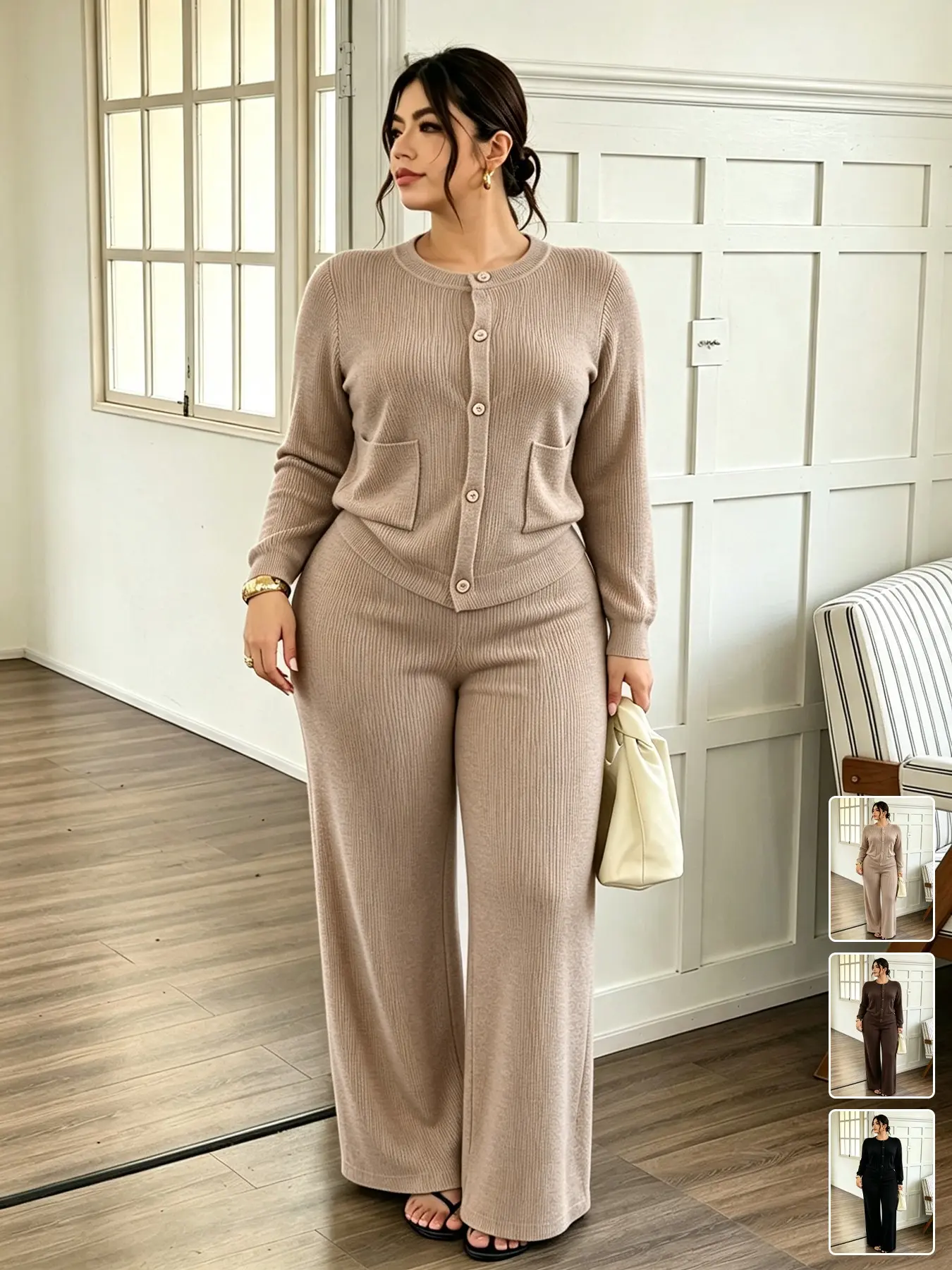 Women's Plus Size Ribbed Knit Cardigan & Wide-Leg Pants 2-Piece Set, Button-Down Loungewear with Pockets, Soft Stretchy Curvy-Friendly Set for Lounging & Sleeping, Multiple Colors Available