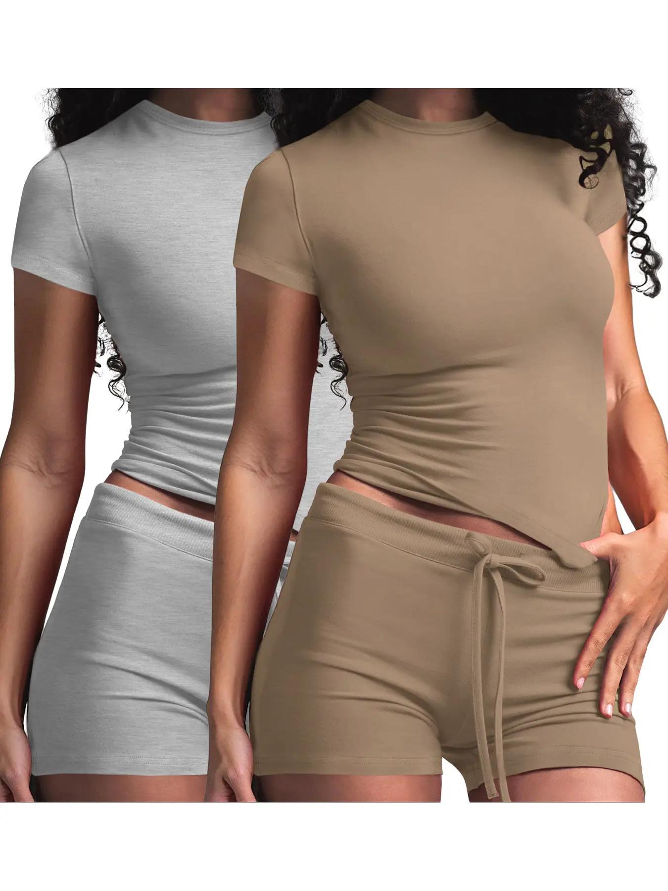 Women's Solid Color Modal Loungewear Two-Piece Set, Casual Comfy Short Sleeve Round Neck Tee & Drawstring Waist Shorts PJ Set, Ladies Sleepwear for All Seasons