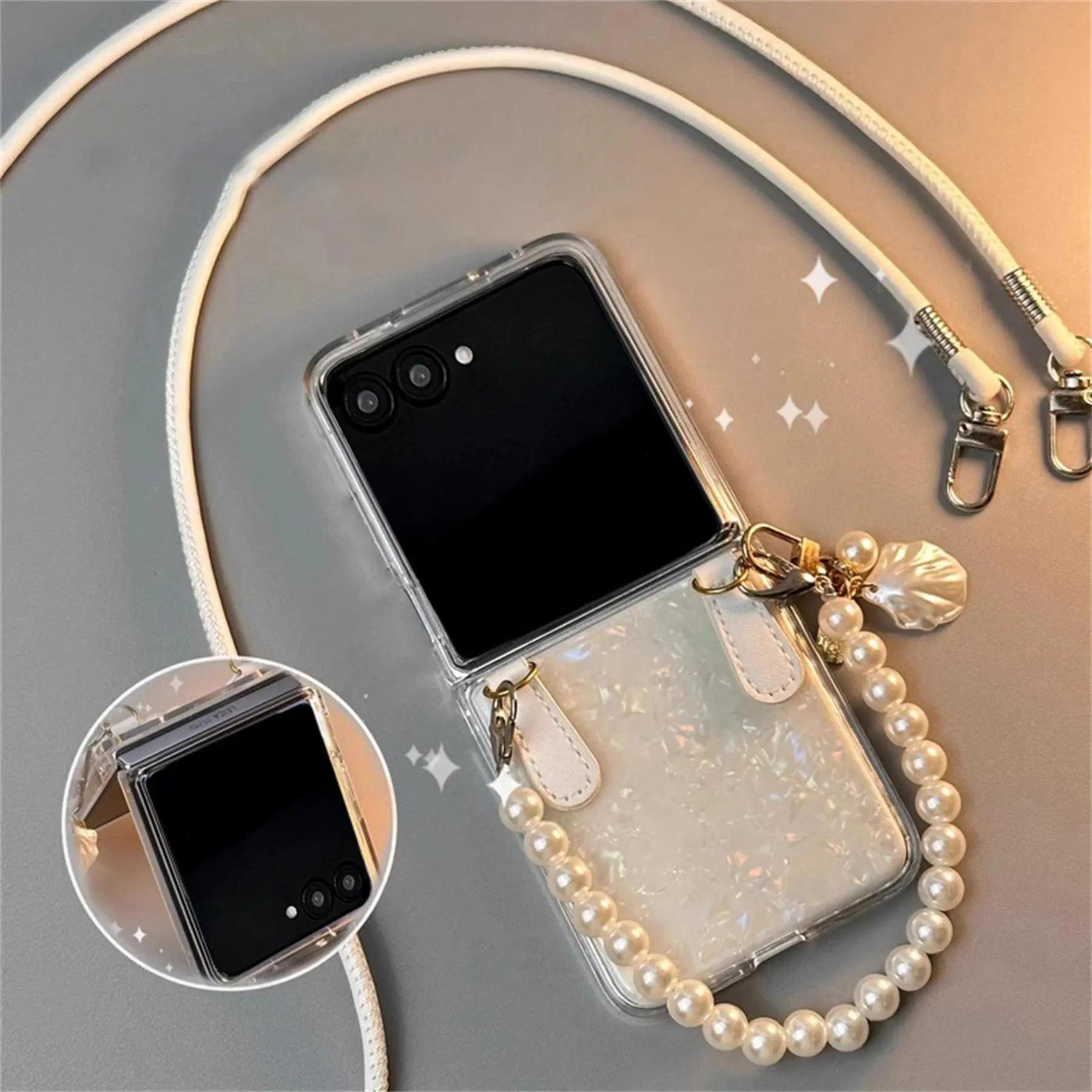 Luxury Shell Pattern Case with Pendant Pearl Chain for Motorola Razr 70 Ultra Razr70 Razr 60 Razr 50 Ultra Razr 50 Back Cover
