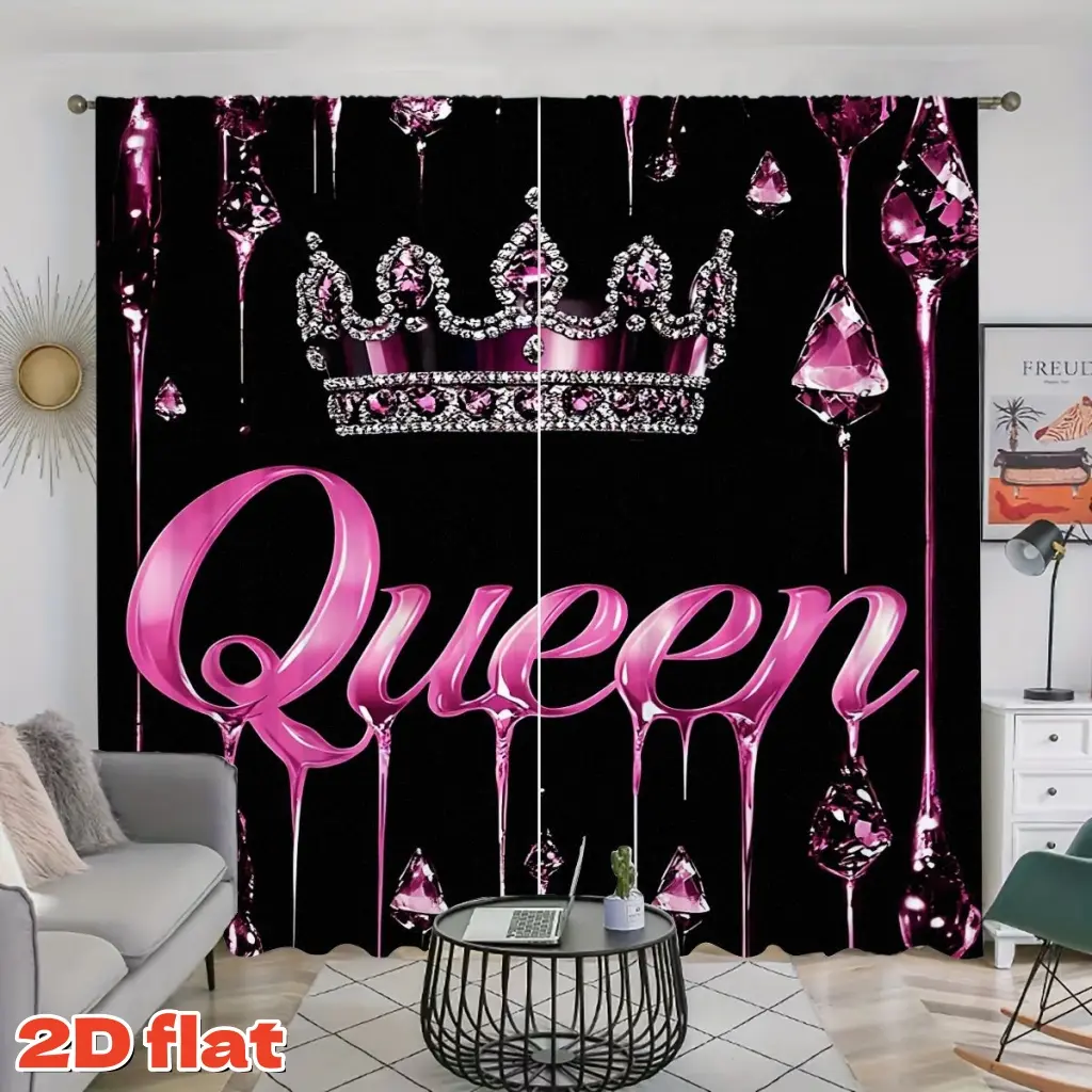 2D Flat 2Pcs Glamorous Queen Crown Pink Drip Curtain Panel, Black Backdrop, Pole Pocket Style, Semi Sunshade, Suitable for Home Living Room Bedroom Balcony Kitchen Study and Shower Window Decoration, Christmas Gift, Anti Privacy.