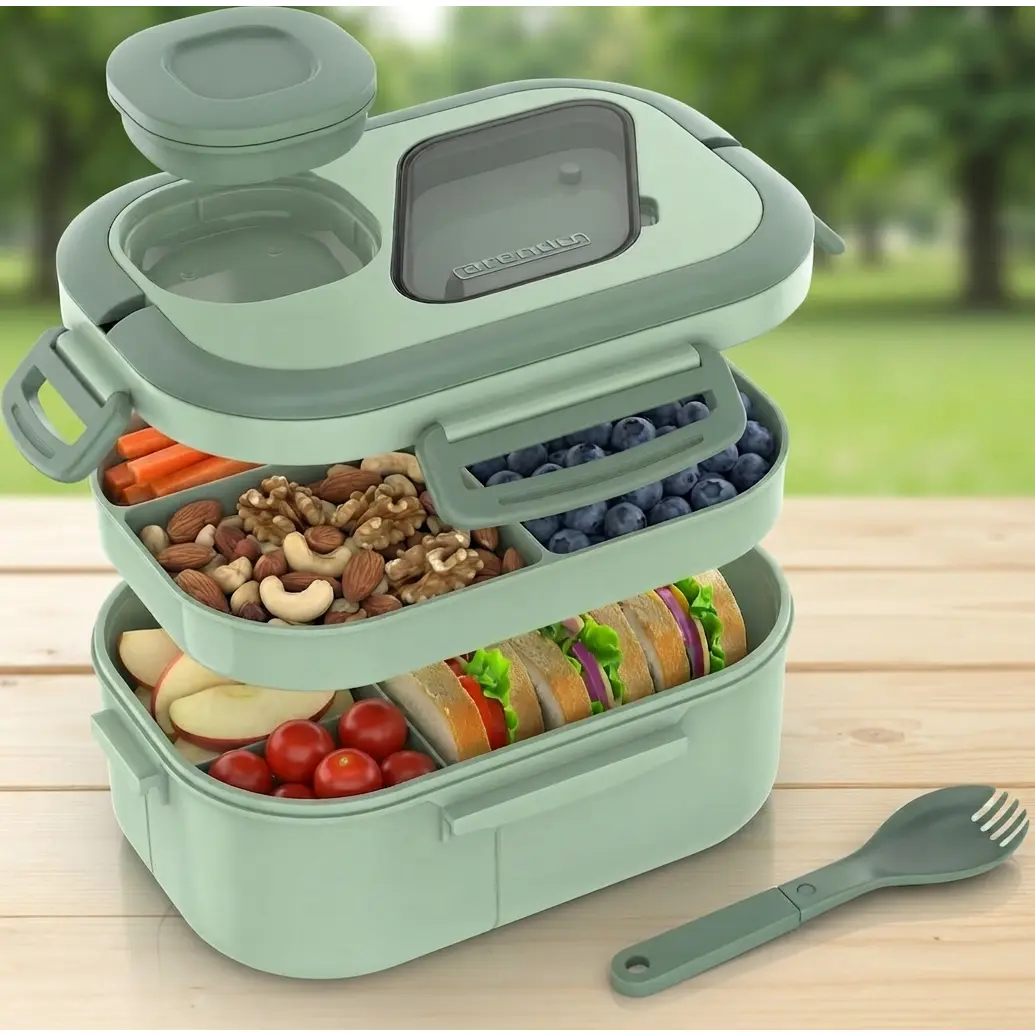 【HUOMAQFAN】 Multi-Compartment Bento Box, 1000ml 6-Section Food Container with Butter Compartment, Cutlery, Leak-Proof Seal, Carry Handles, Microwave-Dishwasher Safe, BPA-Free for Adults