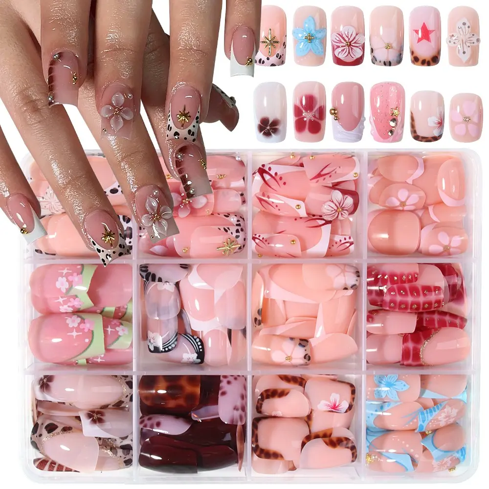 288pcs French Flower Nails, 3D Gel Petals, Star Design, Medium Size, Acrylic Material, Includes Glue and File, Nail Art Supplies, Perfect for Summer