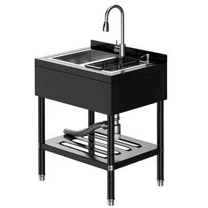 Commercial Grade Stainless Steel Utility basin – Freestanding Single/Dual Bowl, Pull-Out Hot & Cold Faucet, Drainboard & Shelf – 304 Steel Restaurant Prep basin for Kitchen, Garage, Laundry Room