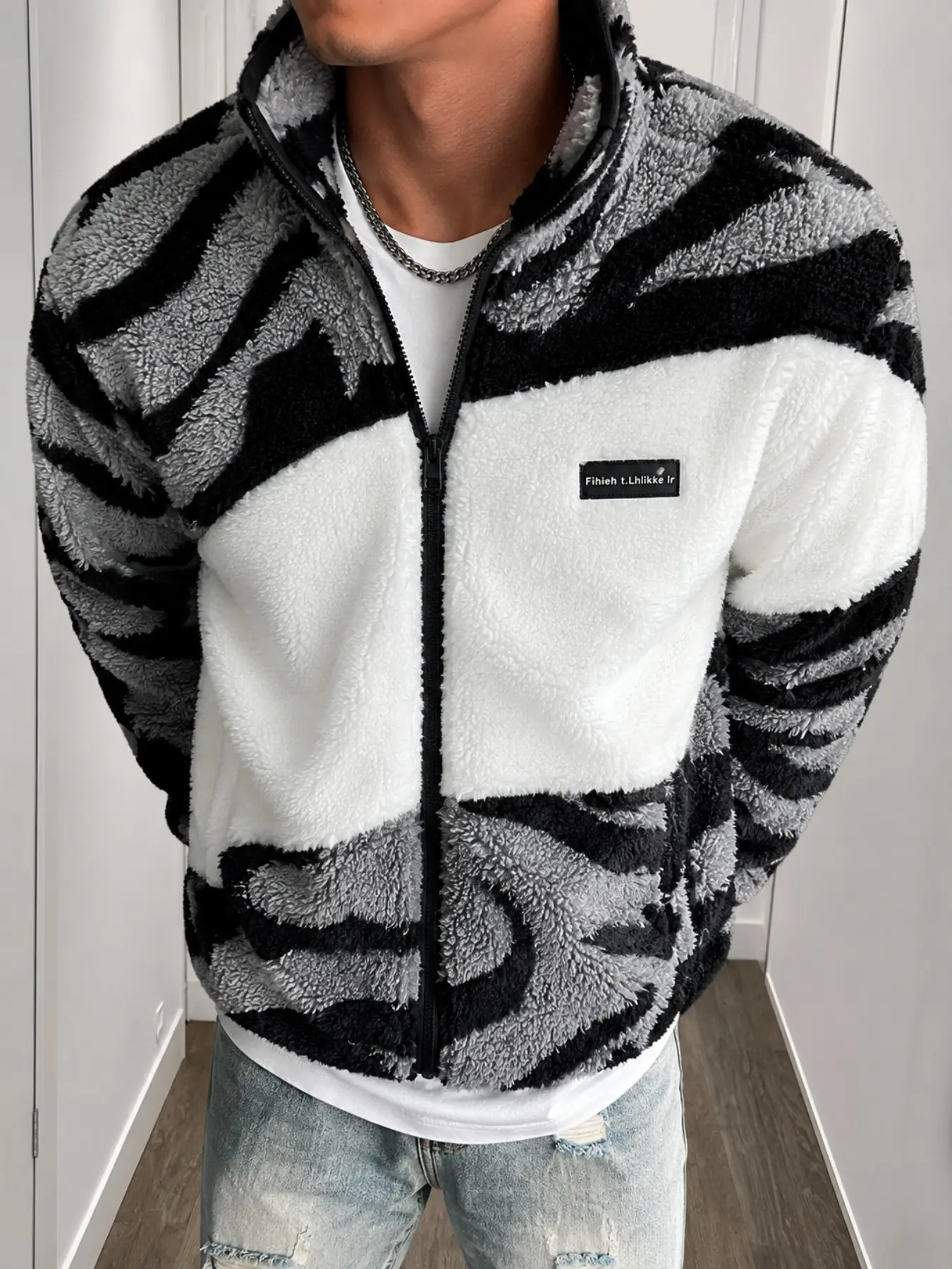 Oversized Zebra Print Fleece Jacket Men Women, High Neck Patchwork Fluffy Sweatshirt, Hip Hop Streetwear Winter Coat for Casual Daily