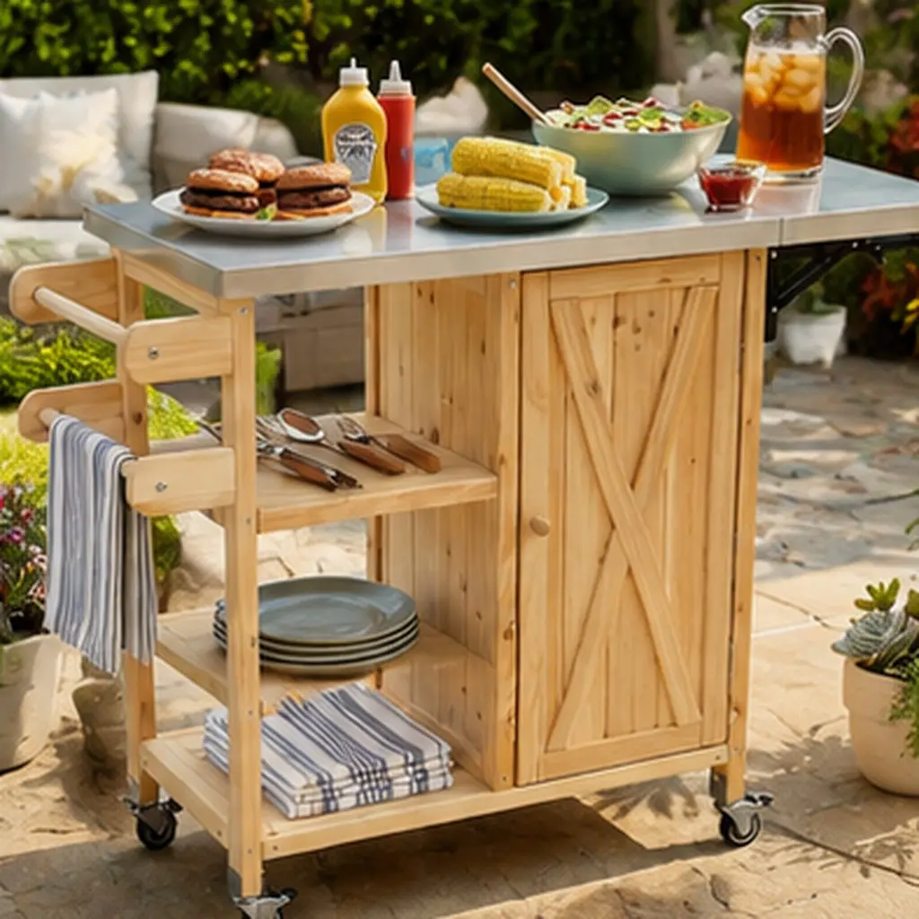 ARCH Foldable Outdoor Kitchen Island Cart with Lockable Wheels, Stainless Steel Worktop, Fir Wood Storage Cabinet & Towel Rack, Portable Prep Station for Patio Garden BBQ, Natural Wood Finish, Natural Color Options, Wood + Stainless Steel Material