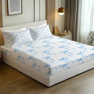 Light Blue Bow Fitted Sheet Set - 3 Piece Soft Breathable Deep Pocket Bedding with 2 Pillowcases, Coquette Aesthetic Watercolor Bow Pattern Bed Sheets for Girls Bedroom Decor, Full Size