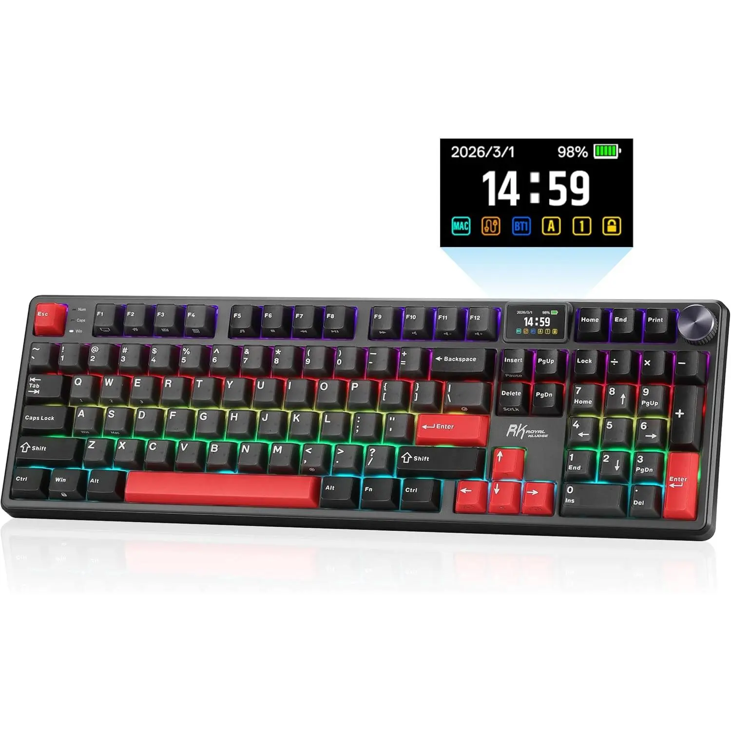 RK ROYAL KLUDGE S104 Wireless Mechanical Keyboard with Screen & Metal Knob | Full Size Gaming Keyboard with 8000mAh Battery, RGB Backlit Hot Swappable Pre-lubed Switches, Creamy Sound Computer Keyboards sohochic