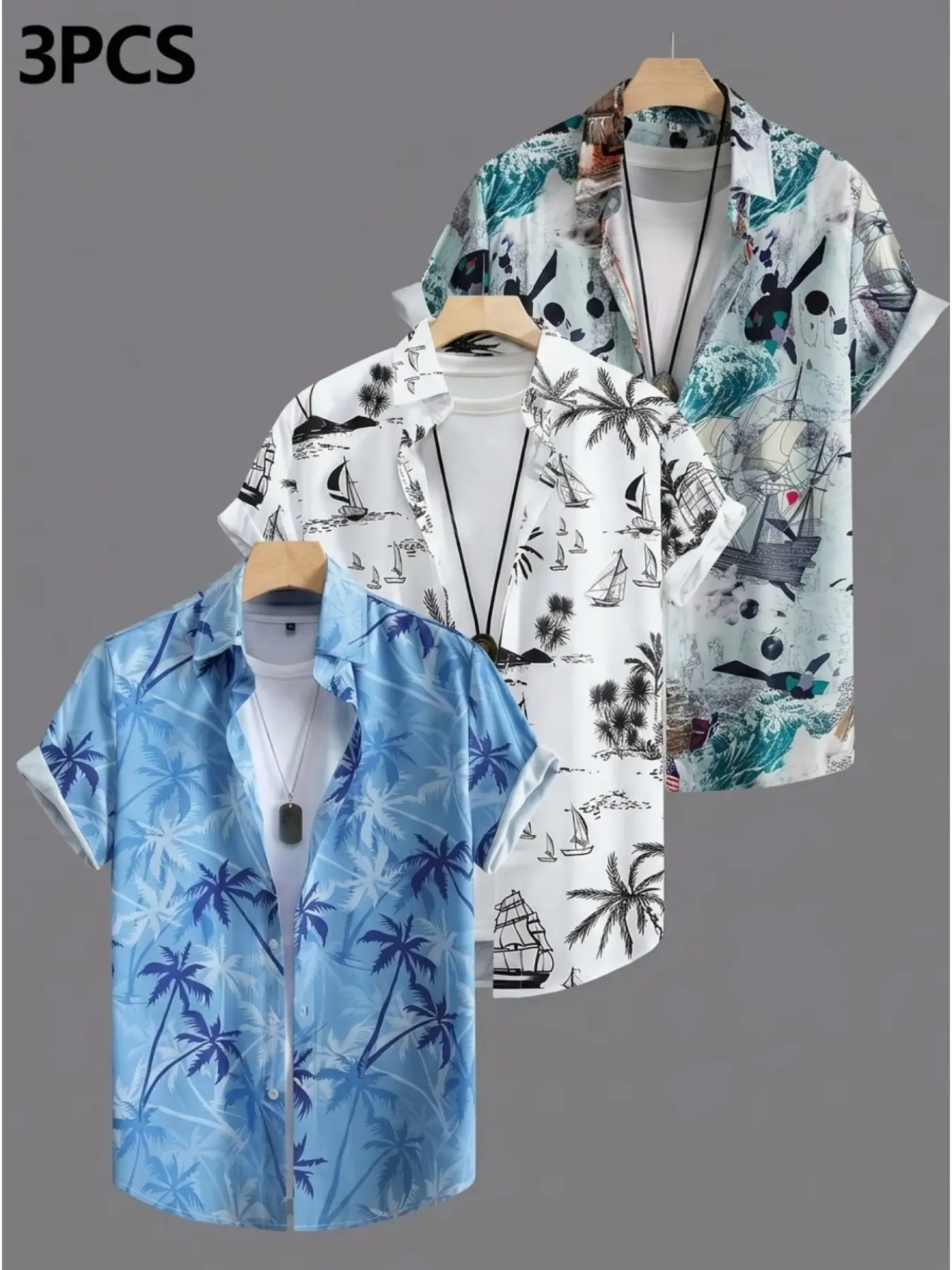 3-Piece Men's Tropical Nautical Print Shirts, Hawaiian Style Multi-Set, Collared Button Beach Shirt, Breathable Summer Clothing