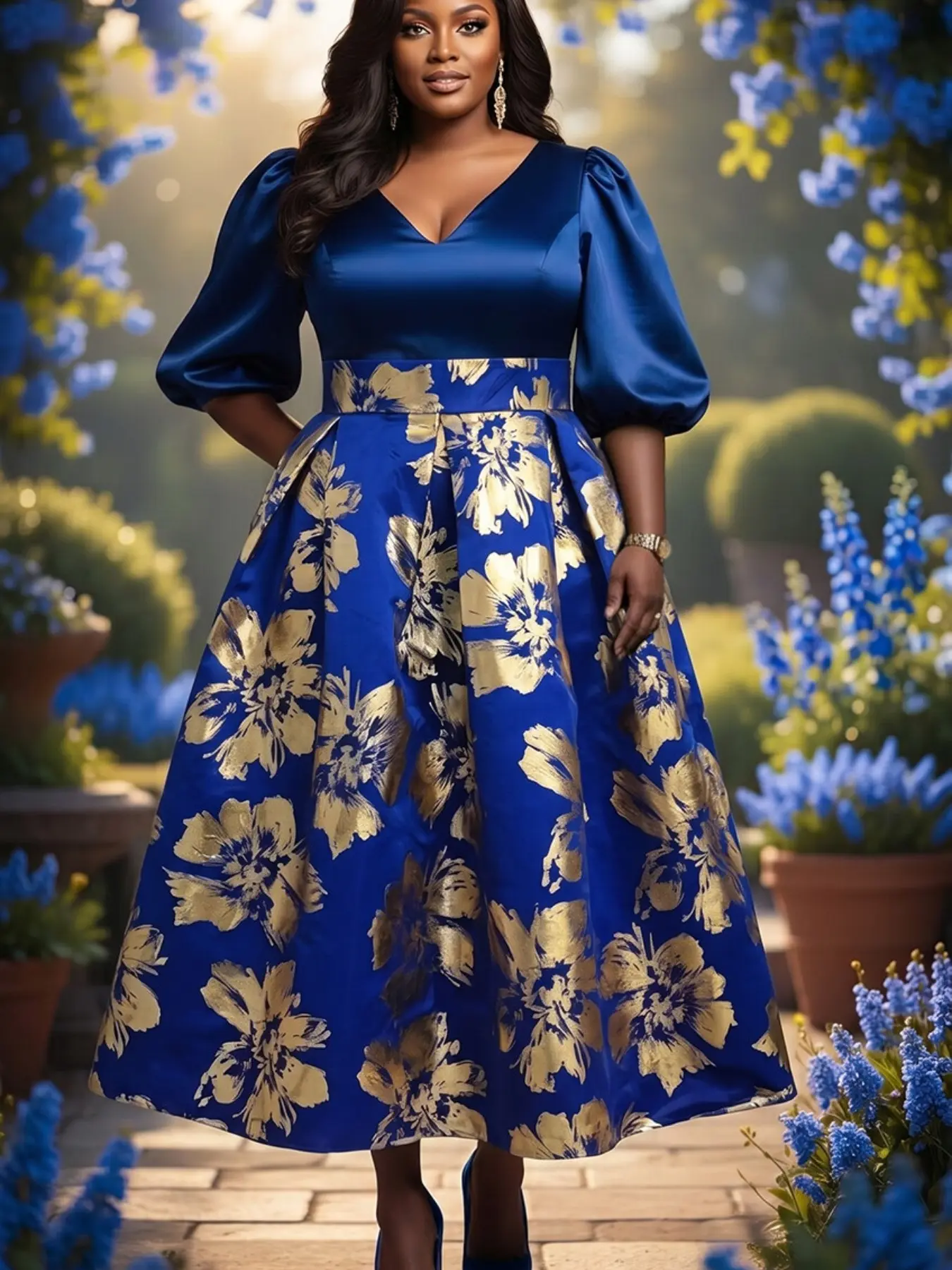Plus Size Curvy Women's Spring Summer Bubble Sleeve Waist-Cropped Dress, Floral Print A-Line Skirt, Elegant Formal Wear for Parties and Weddings