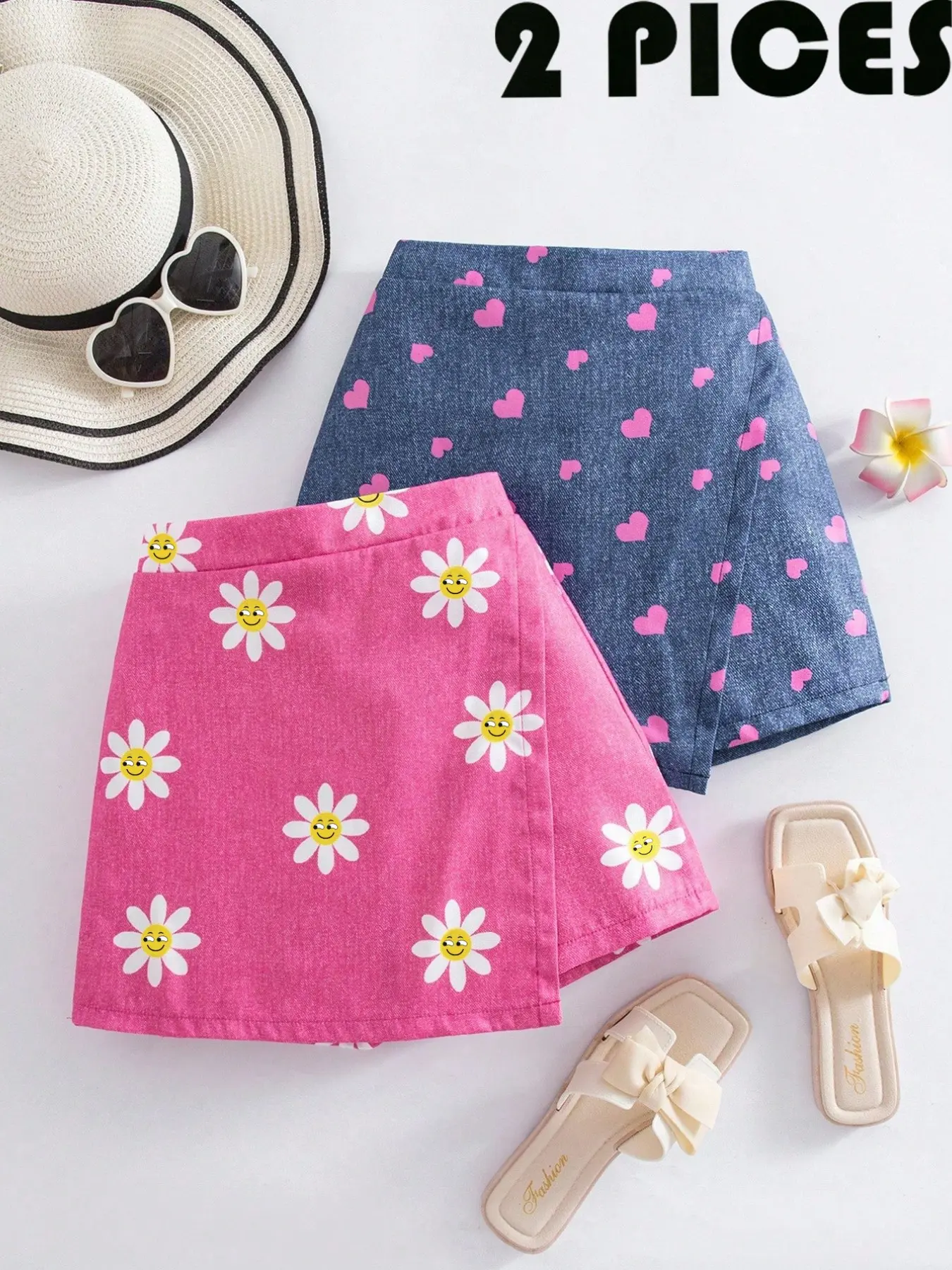 Girls' Daisy Heart Print Skirt Pants 2-Pack, Summer Lightweight Casual Shorts, Slim-Fitting Plain Pattern Clothing for Kids, Skirts with Shorts