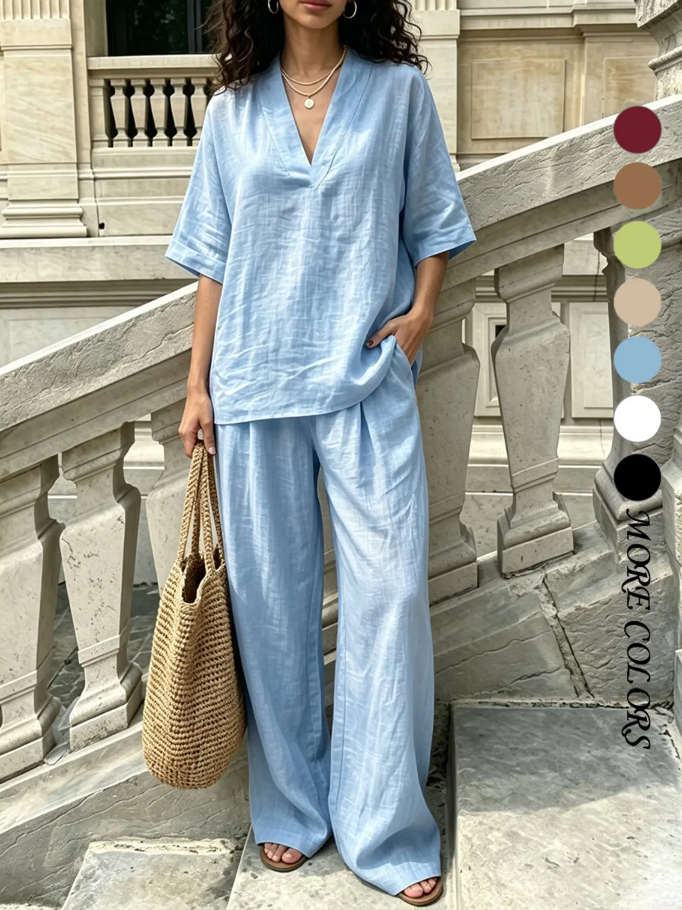 Women's Loose Fit Casual Loungewear Set, Cotton Linen Two-Piece, Half Sleeve Top and Wide Leg Pants, Ideal for Travel and Beach
