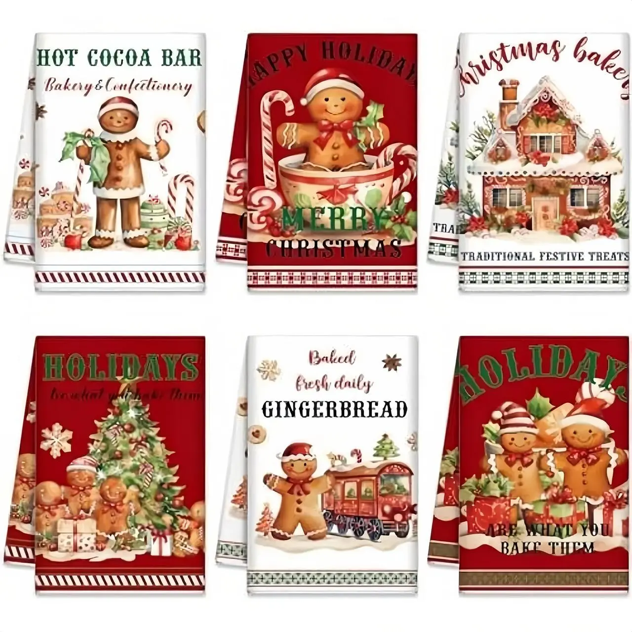 6-Piece Christmas Kitchen Towel and Dishcloth Set, Santa Claus, Trees, Snowman Patterns, Holiday Party Decor, Back-To-School Cleaning Cloths