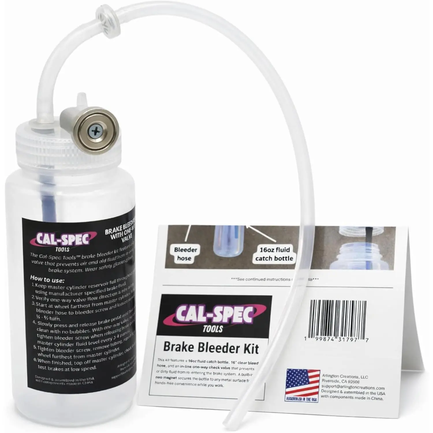 Brake Bleeder Kit - One-Way Check Valve, Magnet Mount, 16oz Catch Bottle, 16” Hose
