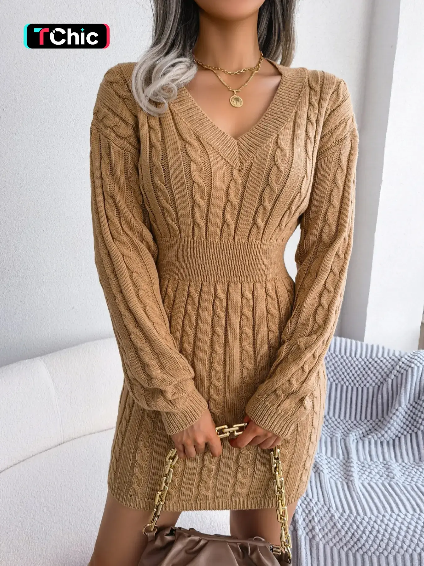 Women's Basic Comfort Solid Textured Drop Shoulder Sweater Dress, Lady's Lady Long Sleeve V Neck Cable Knit Dress