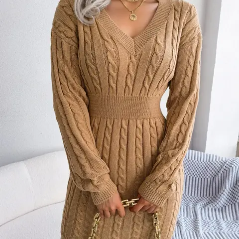 【Black Friday】Women's Basic Comfort Textured Drop Shoulder Sweater Dress, Ladies Solid Color V Neck Cable Knit Dress, Casual Wear