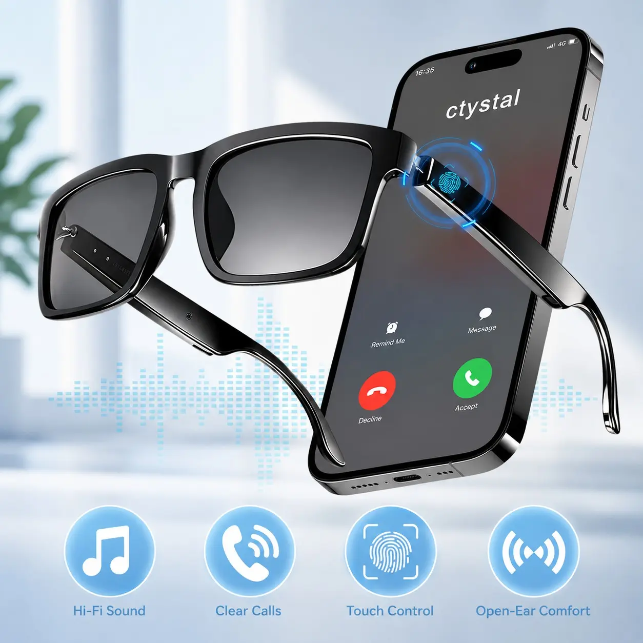 Bluetooth Audio Glasses, Smart Sunglasses with Open Ear Speakers and Touch Control, UV Protection Lenses for Hands-Free Calls, Driving, Cycling, Running and Everyday Wear
