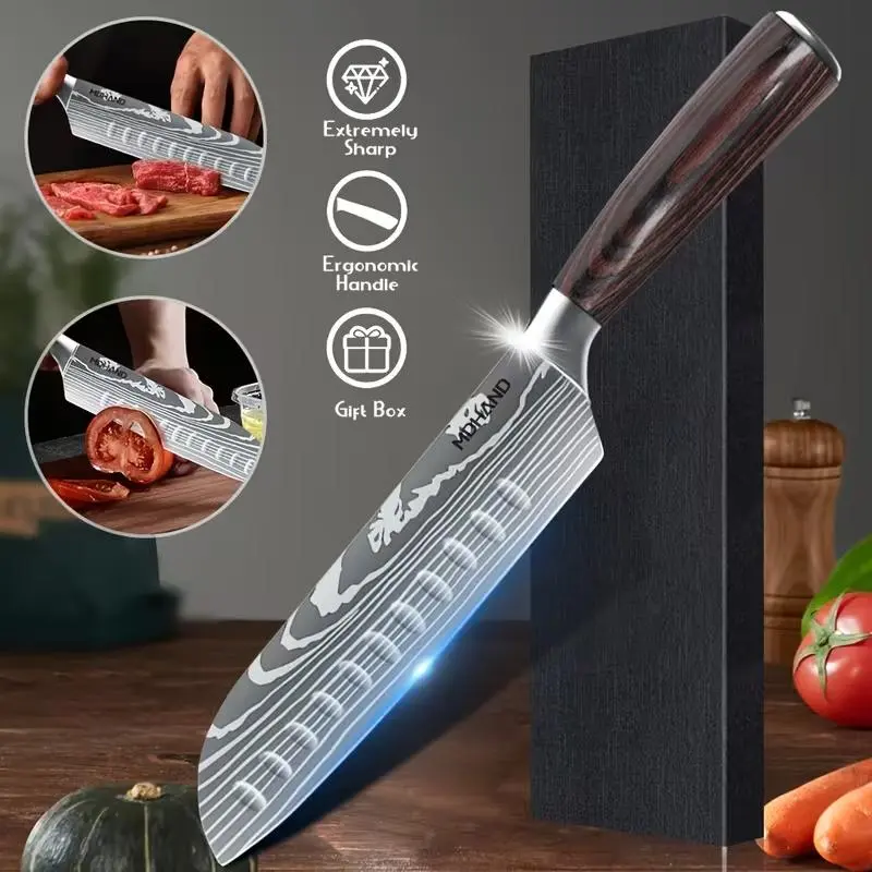 Professional 7 Inch Chef Knife, Ultra Sharp Stainless Steel Santoku Knife for Chopping Meat, Fish, Fruit, Vegetables with Ergonomic Pakkawood Handle, Non-slip Hand Forged Kitchen Knife with Gift Box#DealsForYouDays
