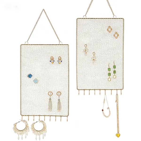 2-Pack Wall Mounted Metal Diamond-Shape Jewelry Organizer with Hooks - Display Jewelry Boxes & Organizers for Earrings, Necklaces, Bracelets, Space-Saving Decorative Hanging Storage