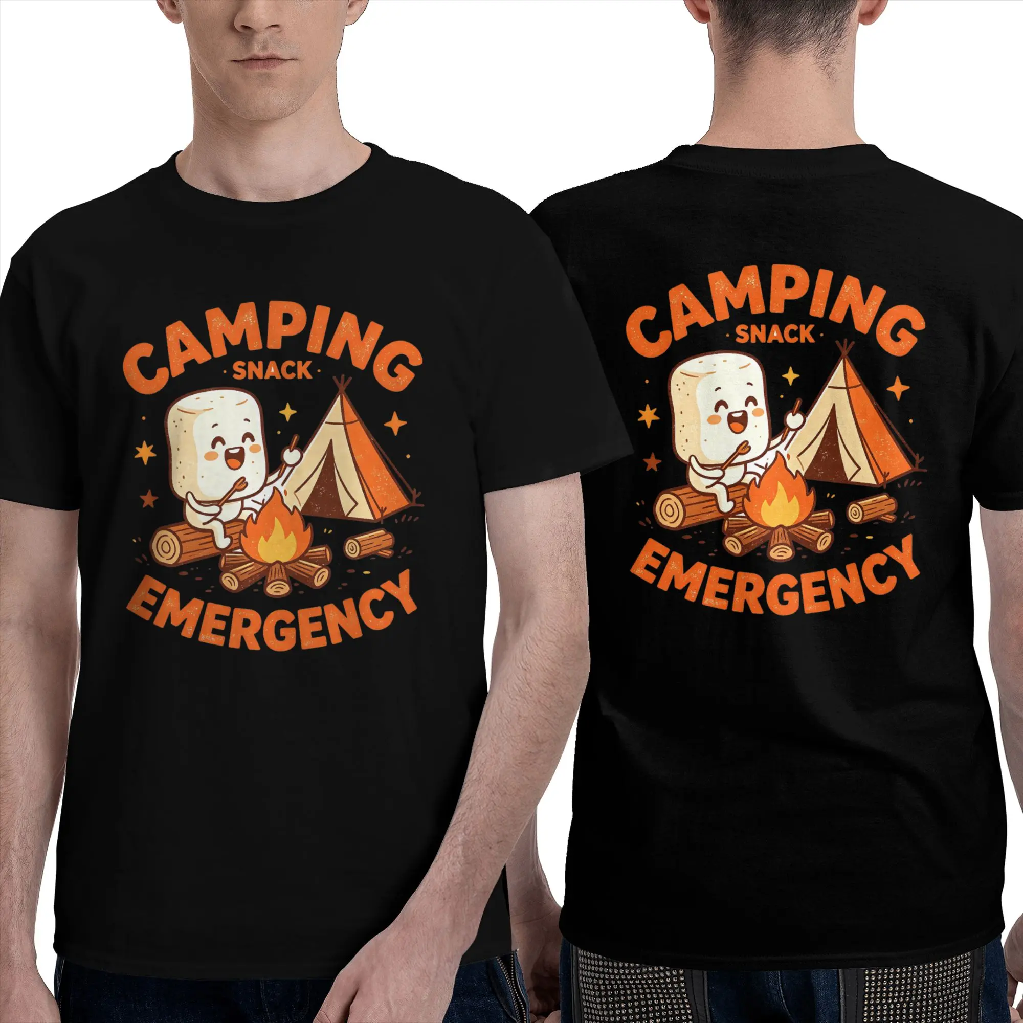 Unisex Short-Sleeve Camping T-Shirt - Double-Sided Marshmallow Print, Crew Neck, Casual Adventure Top for Camper Lovers