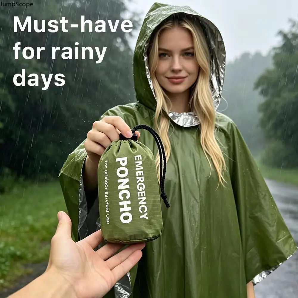 Outdoor Emergency Thermal Survival Poncho, Viral Camping Hypothermia Gear, Portable Packable Poncho With Carabiner & Survival Whistle, Lightweight Windproof Waterproof Thermal Coat, Compact Drawstring Multi-Color Gear For Hiking Camping Wilderness Travel,