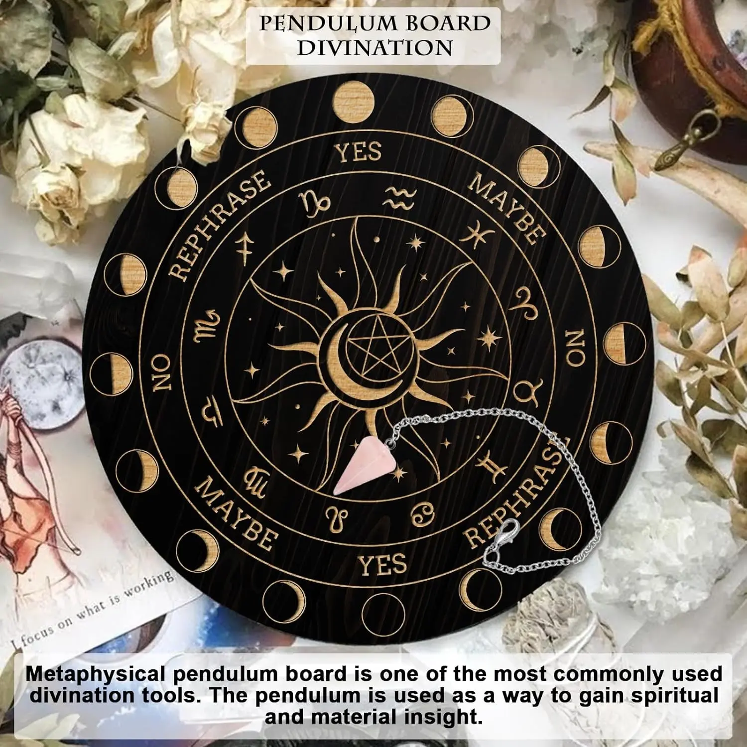 Pendulum Board Set, Wooden Dowsing Divination Board Metaphysical Message Board with Insight, Crystal Pendulum Necklace for Witchcraft Wiccan Altar Supplies Kit, 12 Signs, Aesthetic, Spiritual Insight