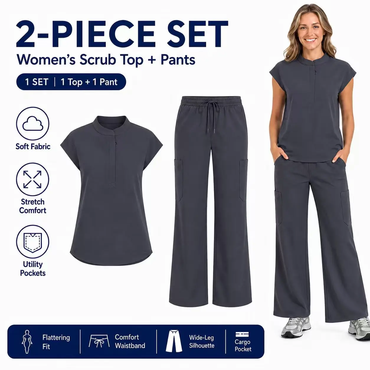 Women's Scrub Set, Preppy 2-Piece with Stand Collar Cap Sleeve Top and Drawstring Wide Leg Cargo Pants, Ring, Polyester, Everyday, Uniforms, Workwear, Clothes, Short, Simple, Minimalist