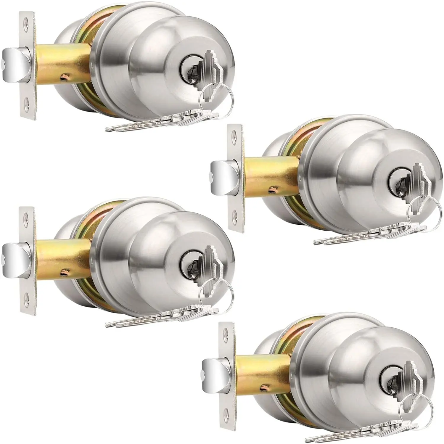(4 Pack Keyed Alike Entry Door Knobs Combo Pack, Entrance Lockset in Brushed Nickel, Interior Exterior Ball Door Knobs with Lock and