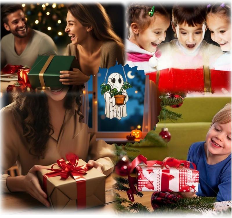 2PCS Cute Ghost Plant Suncatcher - Ghost and Monstera Acrylic Ornament, Perfect Halloween Hanging Decor, Ideal Gift for Plant Lovers and Moms