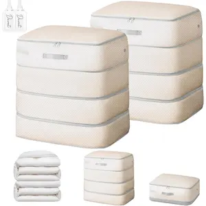 Comforter Storage Bag - 130L Large Capacity Blanket Storage Bags 4-Layer Ultra Space Saving Self Compression Organizer, Washable Compression Bags for Storage Comforter Blanket, 2-Pack, Beige