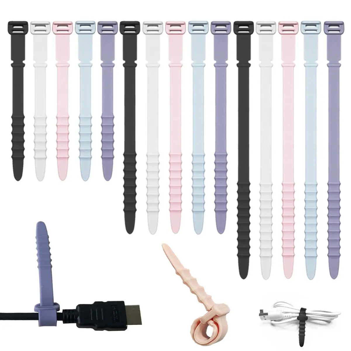 15Pcs Multicolor Silicone Fishbone Cable Ties, 3 Sizes Extra Long Reusable Cord Organizer for Electrical Cords Organizer Earphones Phone Charger Home Office Table Desk