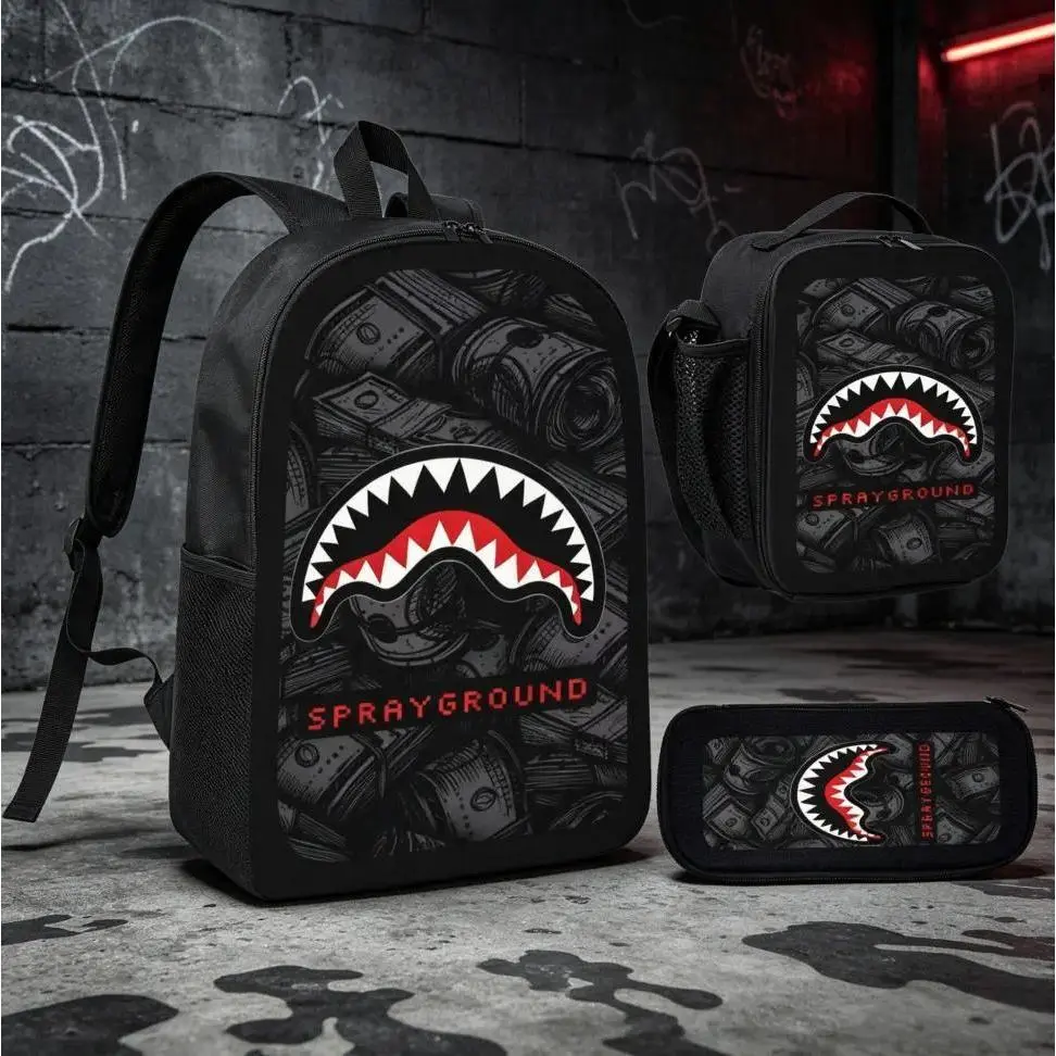 3 piece setSprayground shark mouth backpack set, dollar print kids school bag, boys streetwear backpack, hip hop children backpack