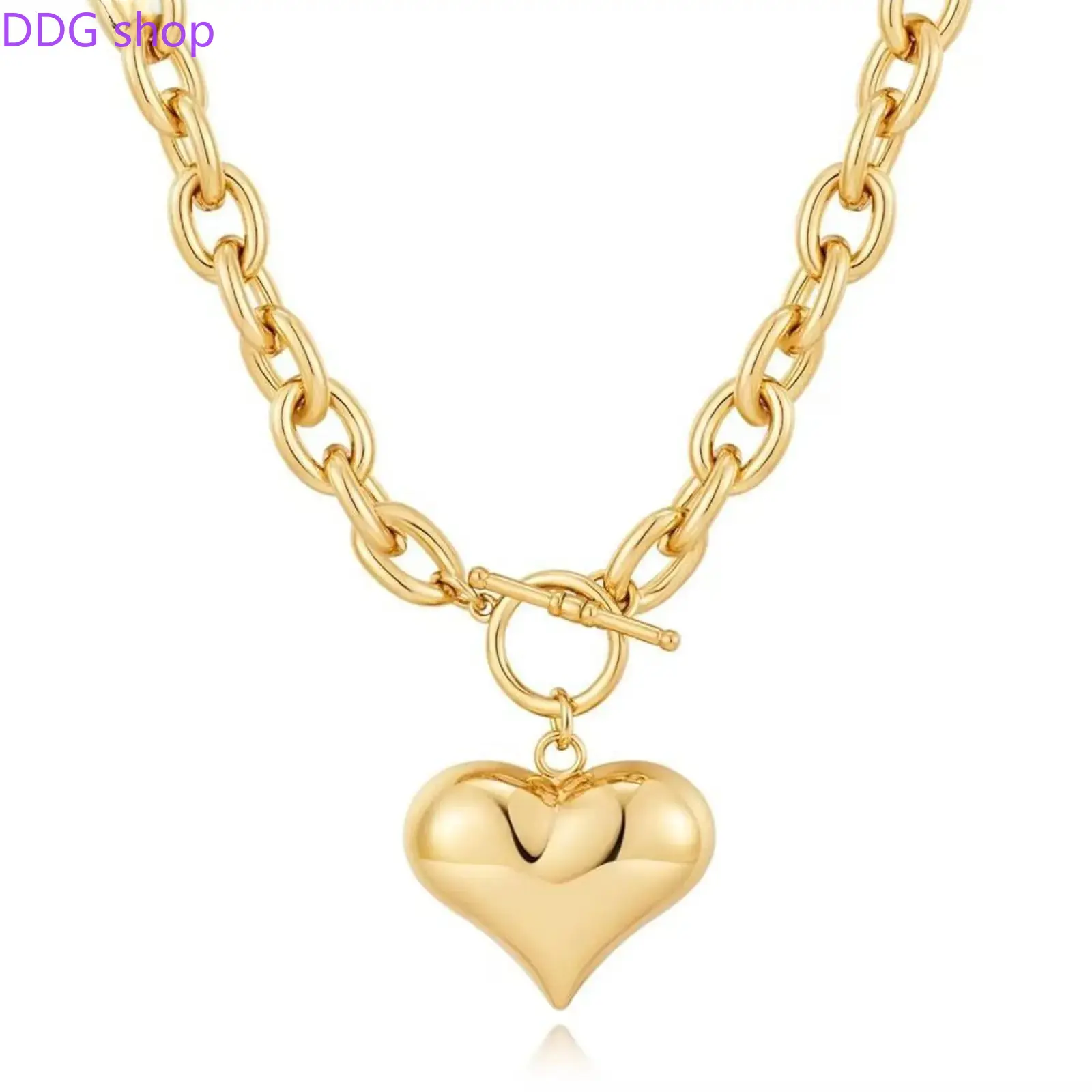 Women's Gold-Plated Chunky Chain-Link Necklace, Puffy Heart Pendant with OT Clasp, Minimalist Trendy Design, Thick Durable Female Casual Sports & Outdoor Protective Gear Accessory