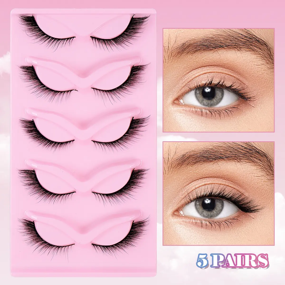 MAANGE 5 Pairs Ultra Thin Band Natural Mink Strip Lashes Short Wispy C Curl Curly Fake Eyelashes Light Volume Invisible Root Eyelashes Daily No-Makeup Look Eye Cosmetic Supplies