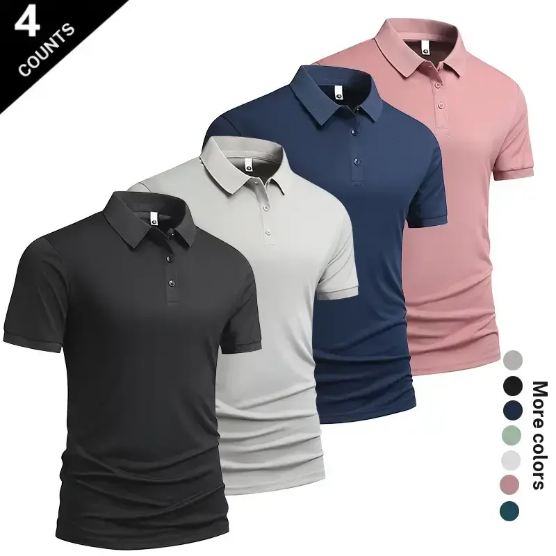 Men’s summer ice silk short sleeve polo set, four piece pack; versatile business casual collared top for trendy looks. Breathable, quick drying, cool touch, skin friendly, and non claustrophobic even when sweaty. Available in multiple colors. Ideal for co