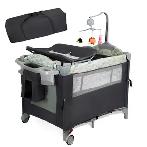 Aobtkel Steel Pack and Play Playard - Baby Playard for 0-2 Years, 39.4"x27.6"x30.3" Under 35 Inches Tall, with Bassinet, Changing Table, Lockable Wheels, Portable Music Box, Foldable