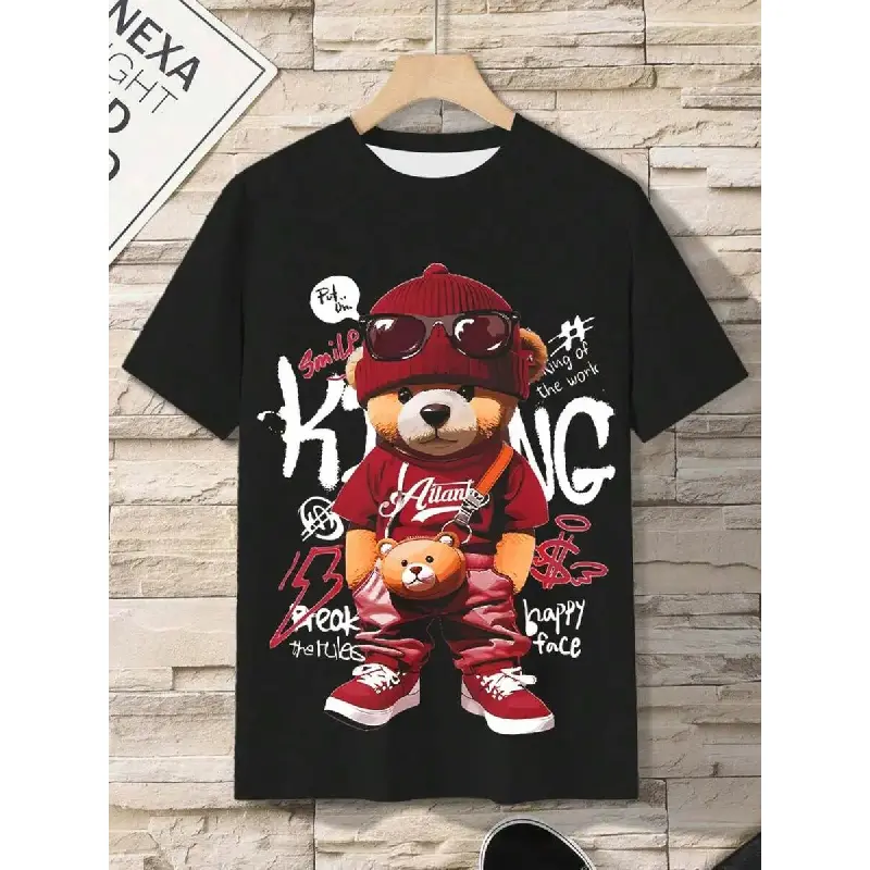 Men's Casual Punk Bear Graphic Tee, Breathable 180G Soft Cotton Shortsleeve Top for Holiday & Streetwear, Basic, All Seasons, Tshirt, Cotton Fabric, Lightweight, Club, Round Neck, Cute, Retro, Vintage, Menswear, Simple Black Crewneck Loose Long, T-Shirt