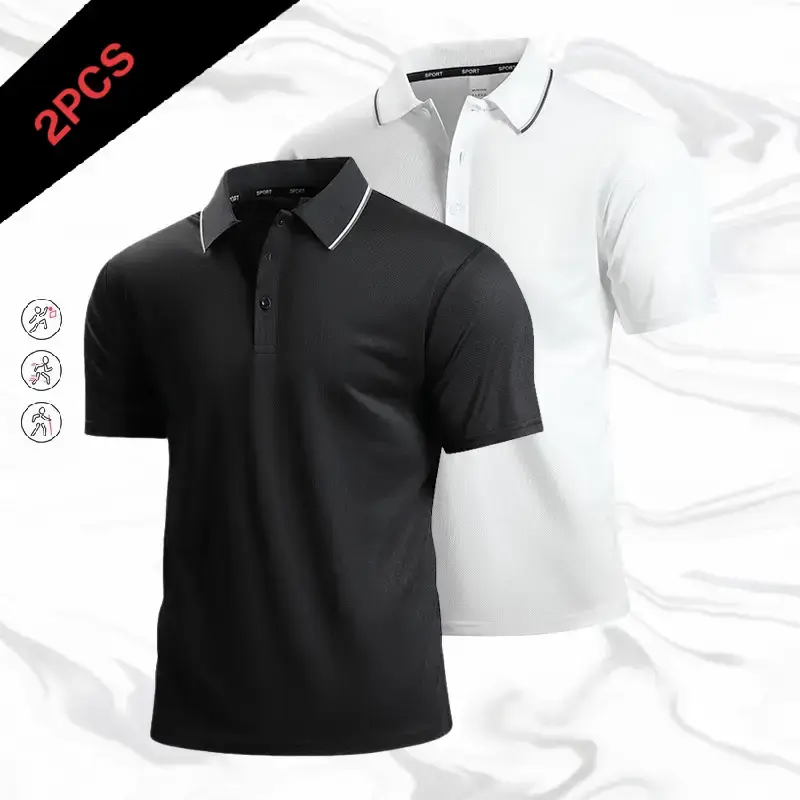 Men’s two pack casual athletic polo shirts with a simple turn down collar and contrast piping; breathable, quick drying, skin friendly, wrinkle resistant, and wear resistant—ideal for office commuting, sports, fitness, everyday outings, and summer styling