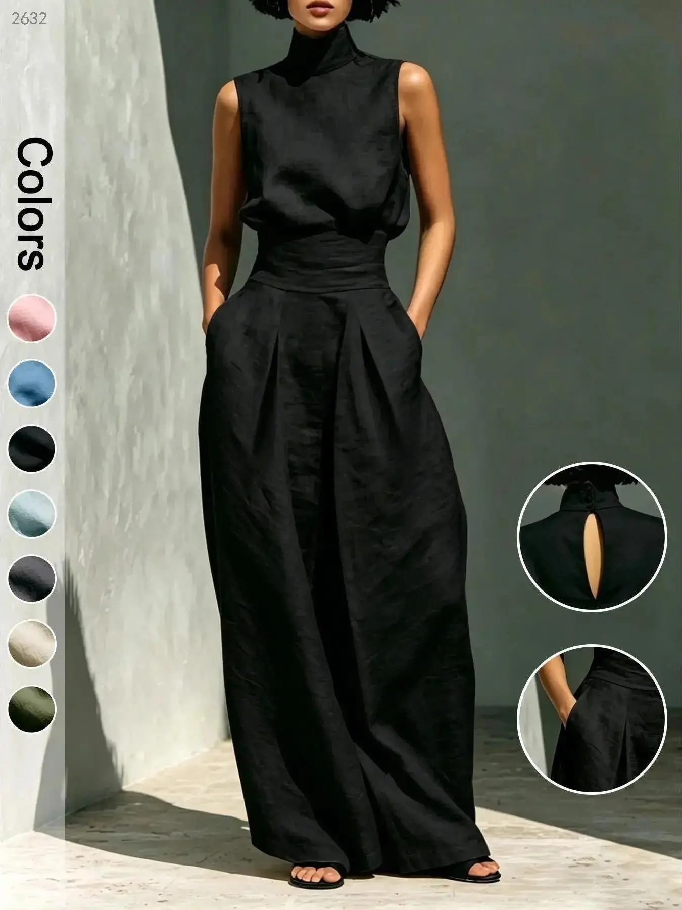 Women Elegant Solid Two Piece Casual Suit Old Money Aesthetic Sleeveless High Neck Tank Top Soft Flowy Wide Leg Pants Pockets Matching Everyday Outfit For Daily Vacation