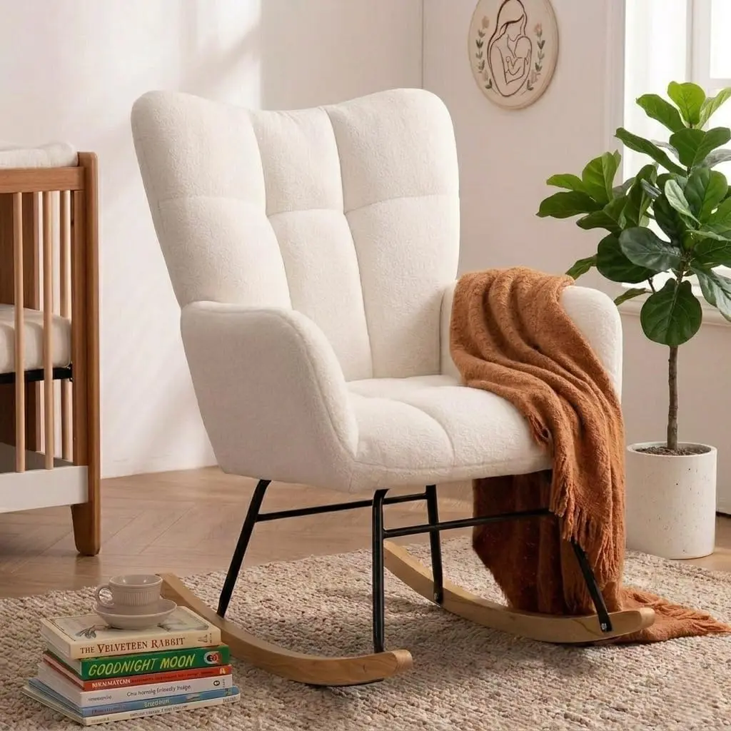 Nursery Rocking Chair, Rocking Chairs for Nursery, White | Cozy Glider Rocker, Anti-Tip Safety Design, 440 Lb Weight Capacity, Cotton Fabric Cover, Padded Seat, for Living Room Bedroom