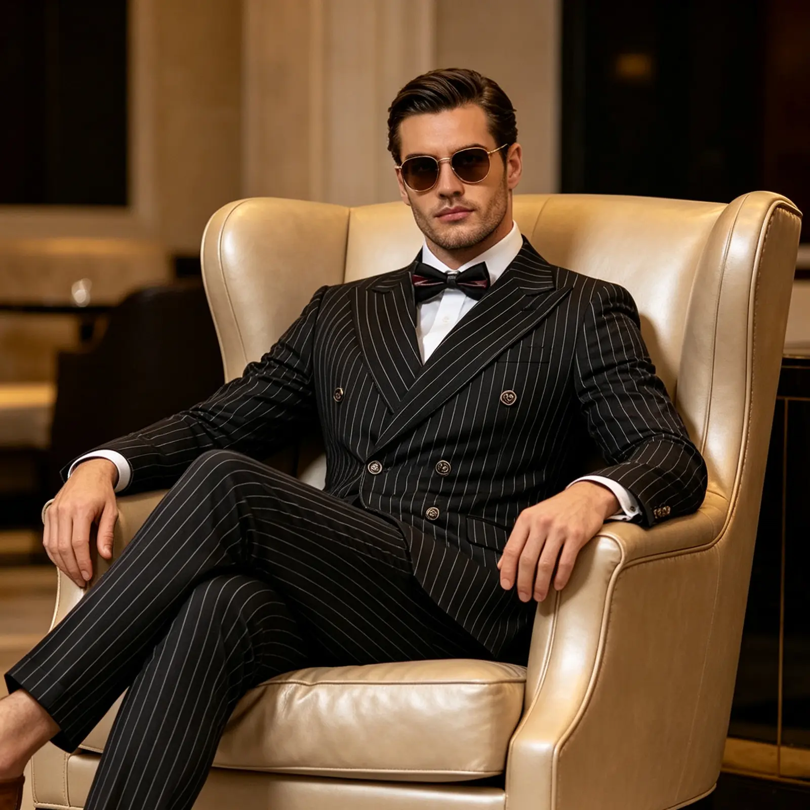 Double Breasted Pinstripe Suit for Men 2 Pieces, Striped Jacket Pants Set with Bow Tie, Formal Wedding Party Suit