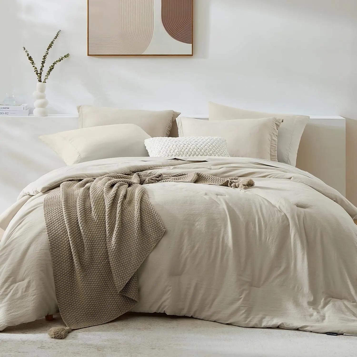 Queen Comforter Set-7 Pieces Soft Prewashed Bed in a Bag Queen Bedding Sets | All Season Comforter with Sheets, Pillow Shams & Pillowcases, Light Oatmeal