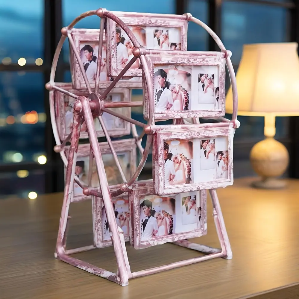 Plastic Composite Round Shape Rotating Vintage Ferris Wheel Photo Frame Set - 1pc with 8x4in Frames, Tabletop Mount Desk Decor, Ideal Valentine's Day/Birthday Gifts