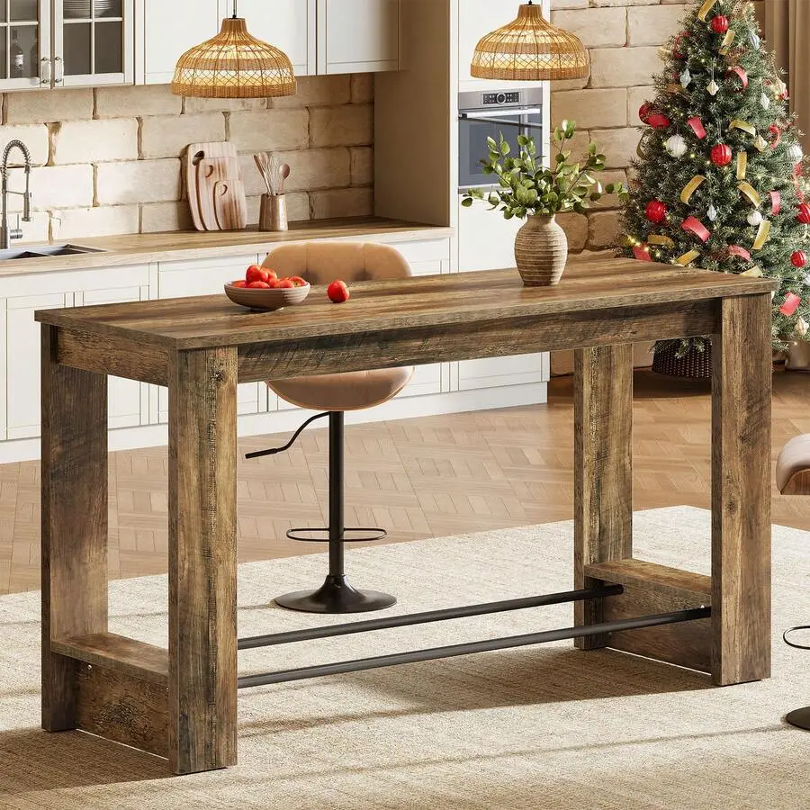 63''W X 37.4'' Top Bar Table, Counter Height Pub Table With Metal Footrests, Long Home Bar Unit, Dining Room, Bistro, Or Restaurant, Rustic Brown