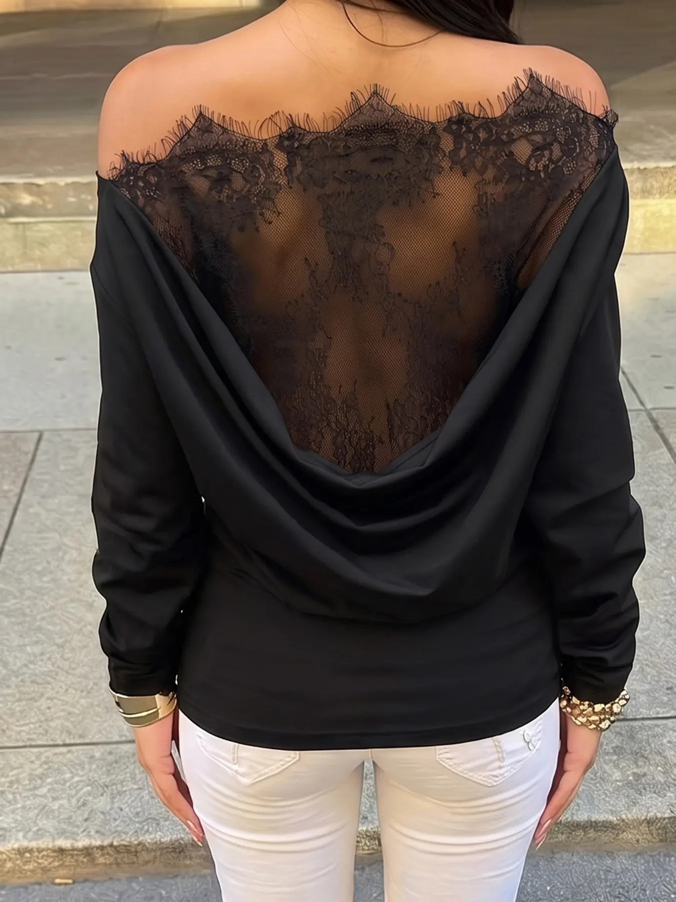 Lace Patchwork Backless Sexy T-Shirt Y2K Long Sleeve Sheer Street Fashion Round Neck Fall Winter Women Vintage Top Backless Shirts