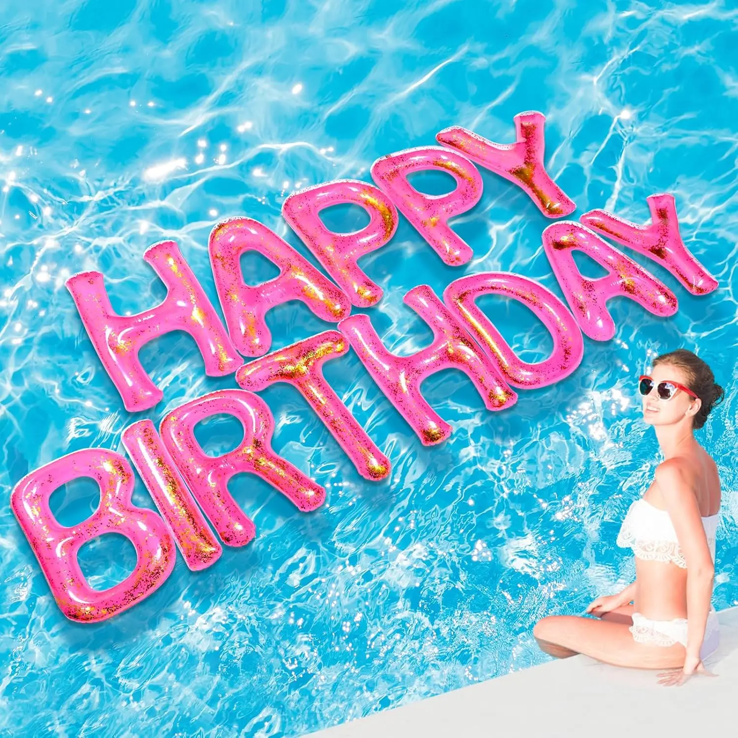 Happy Birthday Pool Floating Letter Balloons - Large Inflatable Decorations with Adhesive Dots for Summer Birthday Party
