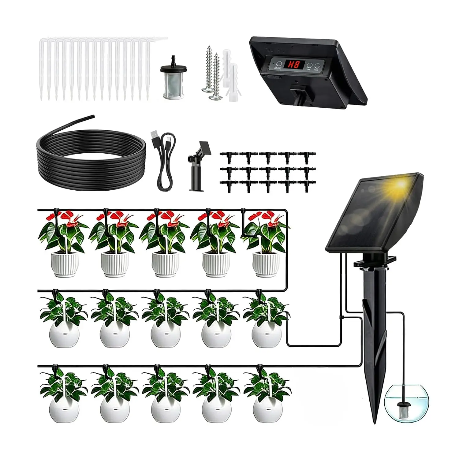 49FT Solar Drip Irrigation System, Automatic Watering Irrigation Kit for 15 Potted , Auto DIY Watering System  Water Devices with Timer for Greenhouse Balcony Indoor Outdoor