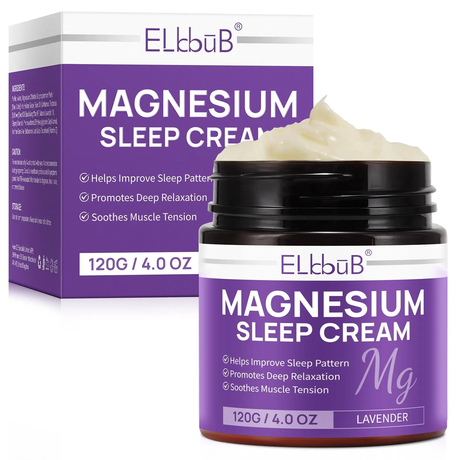 Elbbub Lavender Magnesium Sleep Cream, Cream Moisture, 120g, Natural Ingredients, Deeply Nourishing, Relieves Anxiety, Promotes Sleep, Moisturizes Skin, Suitable for All Skin Types